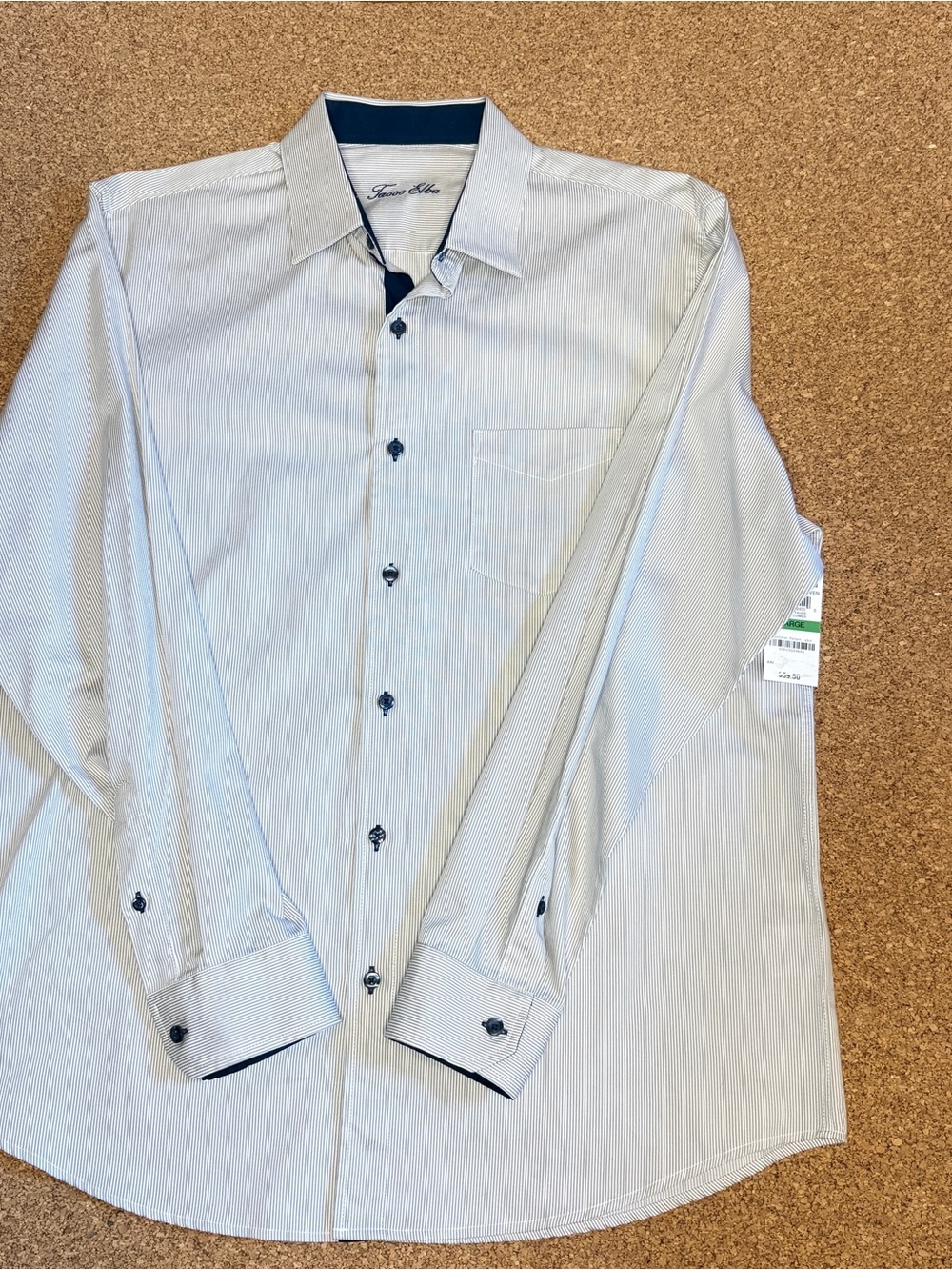 Tasso Elba Taupe/White Thin-Stripe Dress Shirt with Navy Accents